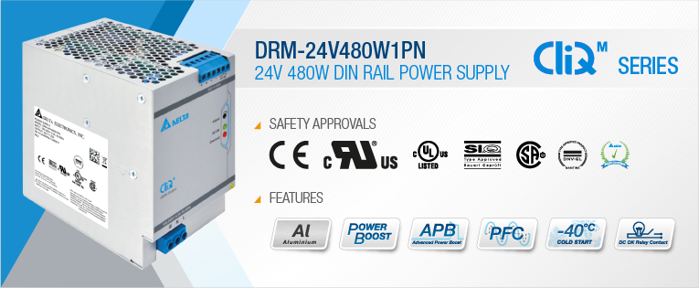 Delta Electronics adds DRM-24V480W1PN to Cliq M series of DIN rail power supplies