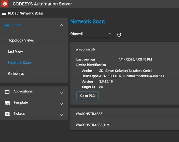 Search the network to find controllers via scan. Source: CODESYS