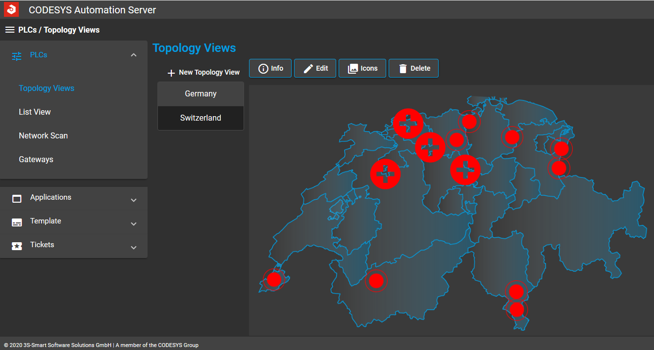 Overview of all Swiss carwash locations. A mouse click takes you to detailed regional views or directly to the control information of individual plants, such as software and firmware version, serial number, etc.