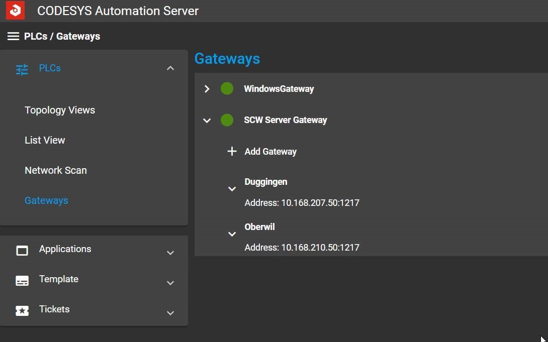 Gateways of different plant locations registered in the CODESYS Automation Server