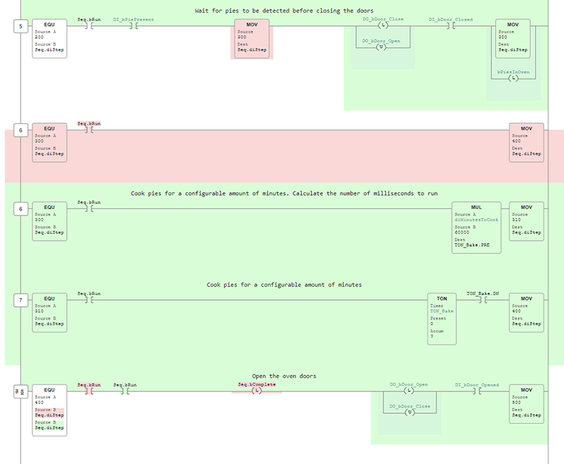 Figure 3: Copia visually displays changes between commits to ladder logic files. Deleted rungs are displayed in red, and additions are shown in green.