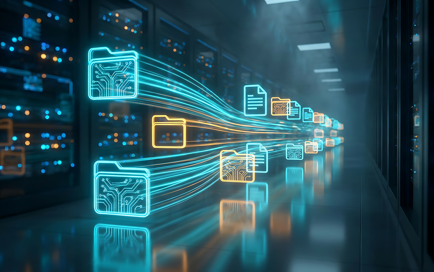 Digital icons of files and folders with circuit board patterns propelled by glowing light streams through modern server racks in a futuristic data center.