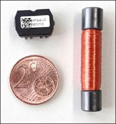 Figure 1: Wiegand harvester (right) and Wiegand sensor (top left).