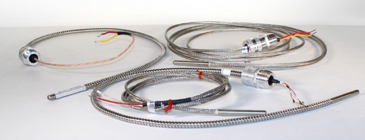 Figure 3: The WORM RTD or thermocouple temperature flexible sensors with flex armor or stainless-steel braid covering the insulating jacket.