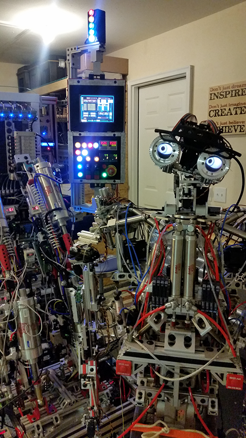 Figure 3: Today Hubert stands seven feet tall and weighs in at 1,000 pounds, with expressive eyes and a wide variety of motion capabilities. A multitude of AutomationDirect controllers, pneumatic cylinders, valves, sensors, and other components have helped the author bring Hubert to life.