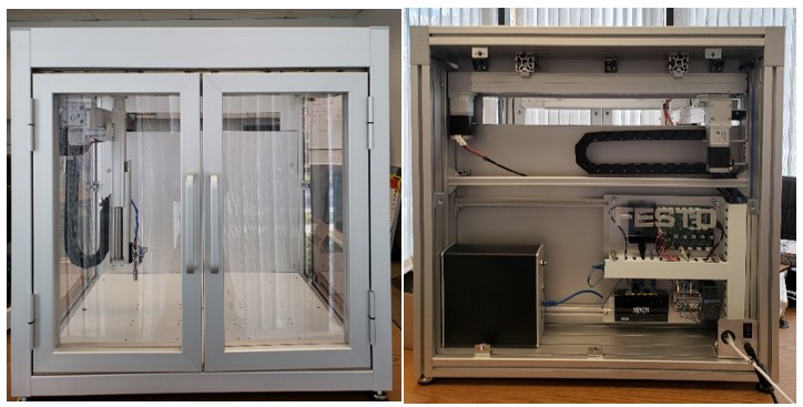 Figure 1: Self-contained laboratory platform in an enclosure for laboratory-based automated liquid handling. Shown are the cabinet front (left) with scalable width of 750 mm to 2,250 mm and depth of 750 mm, and integrated gantry robot; and the cabinet back, which contains motion controller, input/output (I/O) connectors, and user application processor.