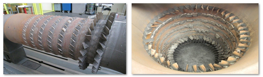 Figure 1: Surge conditions can create catastrophic damage to a centrifugal compressor in a matter of seconds. Compressor rotor blades (left) and guide vanes (right) can be twisted or snapped off.
