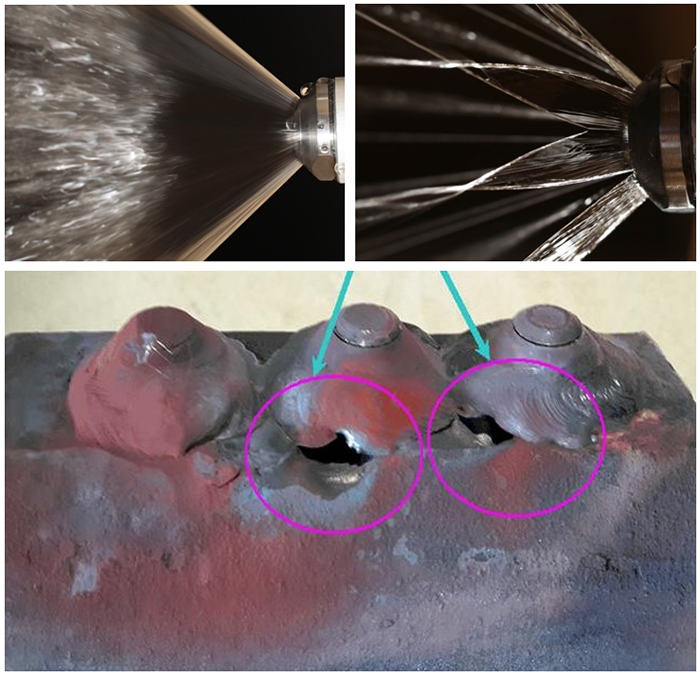 Figure 4: A fully functional desuperheater nozzle creates a consistent, finely atomized water spray (top left). Nozzle plugging or damage can restrict flow (top right), or it can allow water to leak directly into the steam pipe (bottom, arrows point to holes in the pipe), creating significant damage from thermal shock and water hammer.