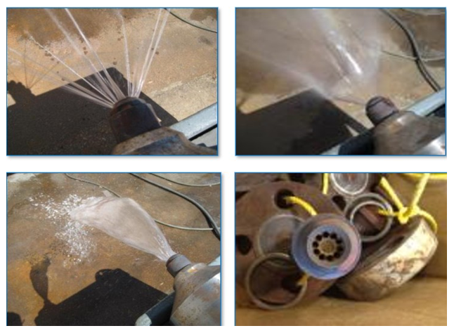 Figure 6: Nozzle damage can take many forms, such as plugging (top left), out of spec spray patterns (top right), broken nozzles (lower left), and nozzle tips simply blown off (lower right).