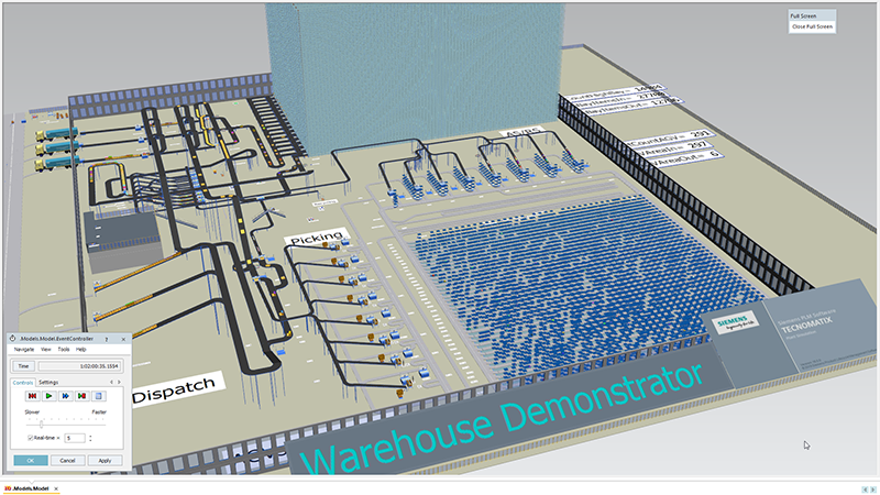 Figure 2: The Siemens Plant Simulation Tool can be used to create a digital twin for optimizing design of a new facility, or for experimenting with methods for improving operations in an existing warehouse.
