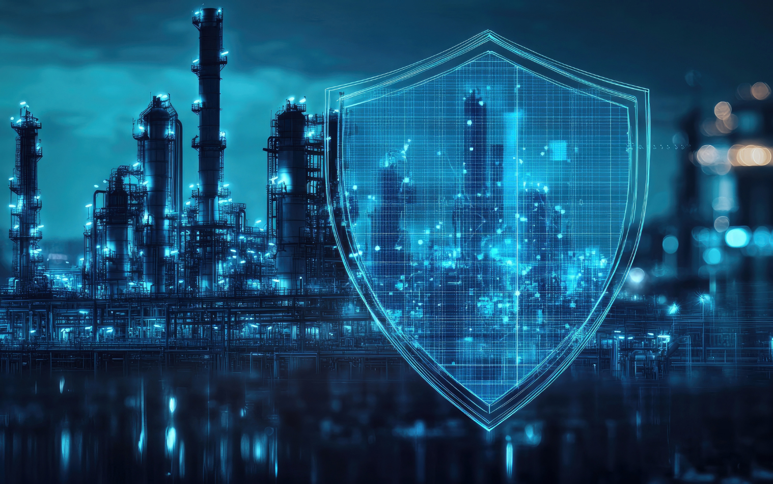 A blue tinted illustration of an industrial plant at night with a security shield overlaid on top