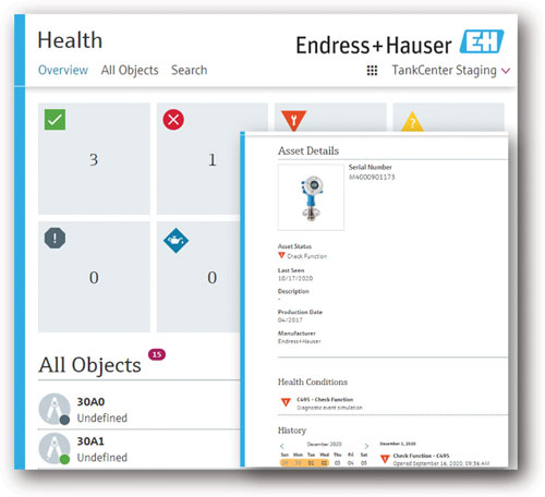 Figure 2: Dashboards and popups in an advanced tank gauging system provide an at-a-glance view of device health, event history, and other information.