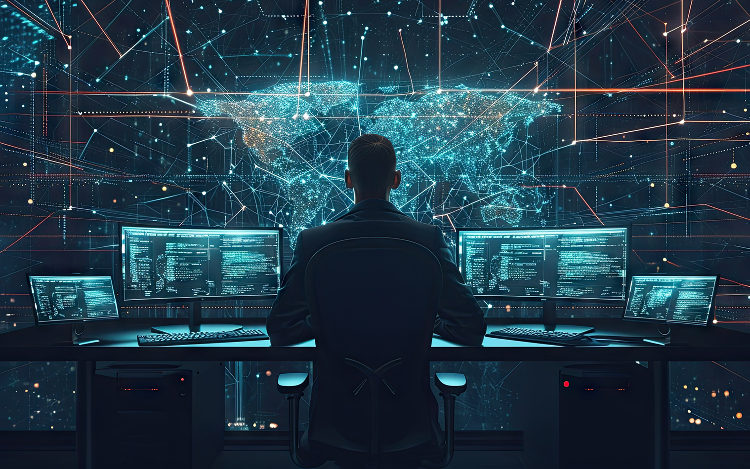 Cybersecurity specialist monitoring work stations and a large display with a world map in a futuristic technological facility.