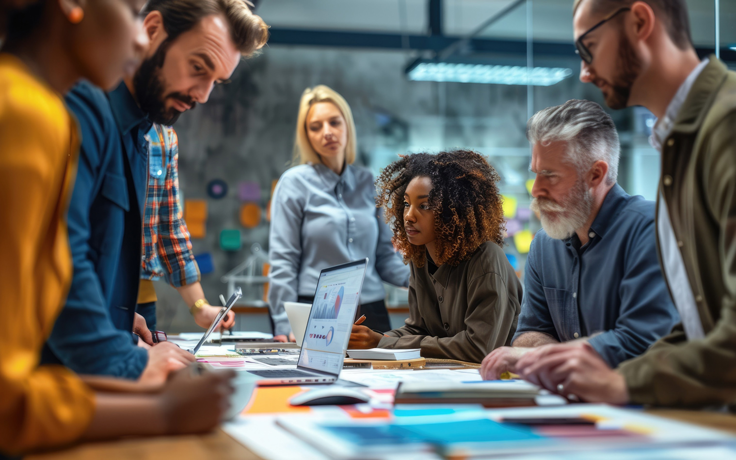 Professional team working together in a creative office environment with technology and data displays.