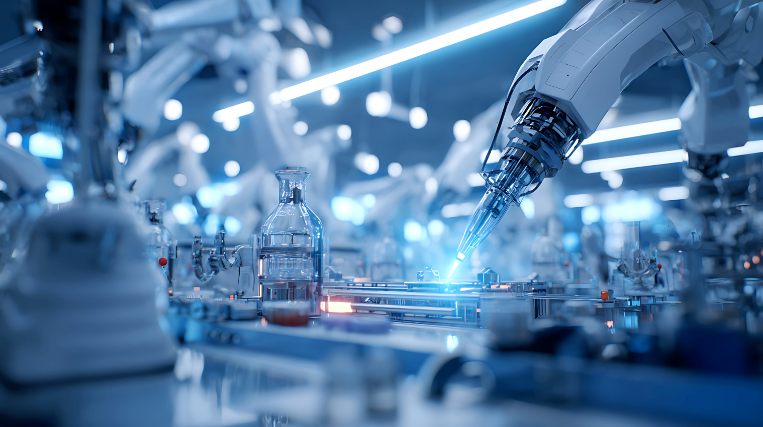 Futuristic pharmaceutical manufacturing ling with glass bottles and a blue-light laser on a robot arm. 