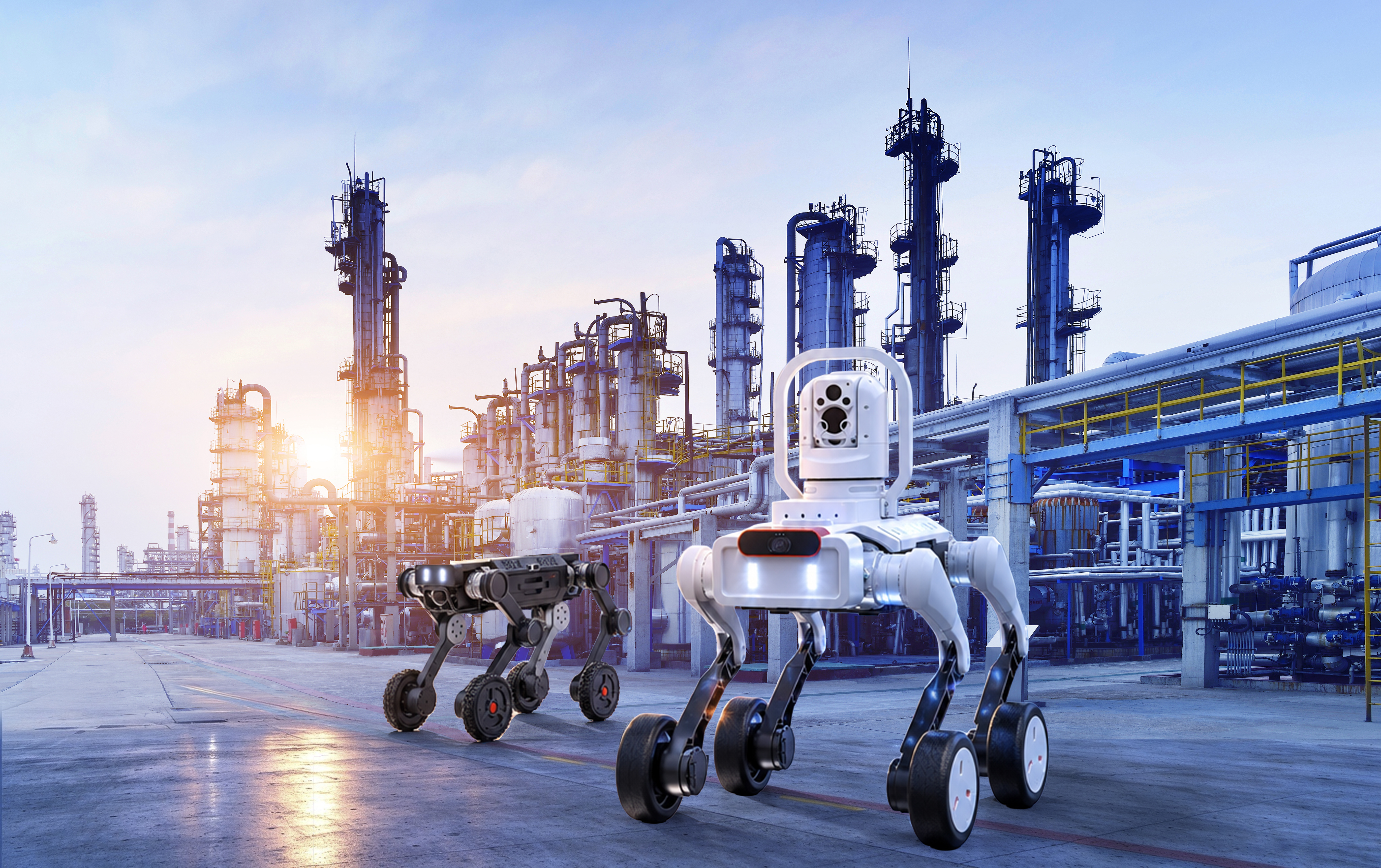 Two four-wheeled autonomous robots in front of a industrial plant background. 