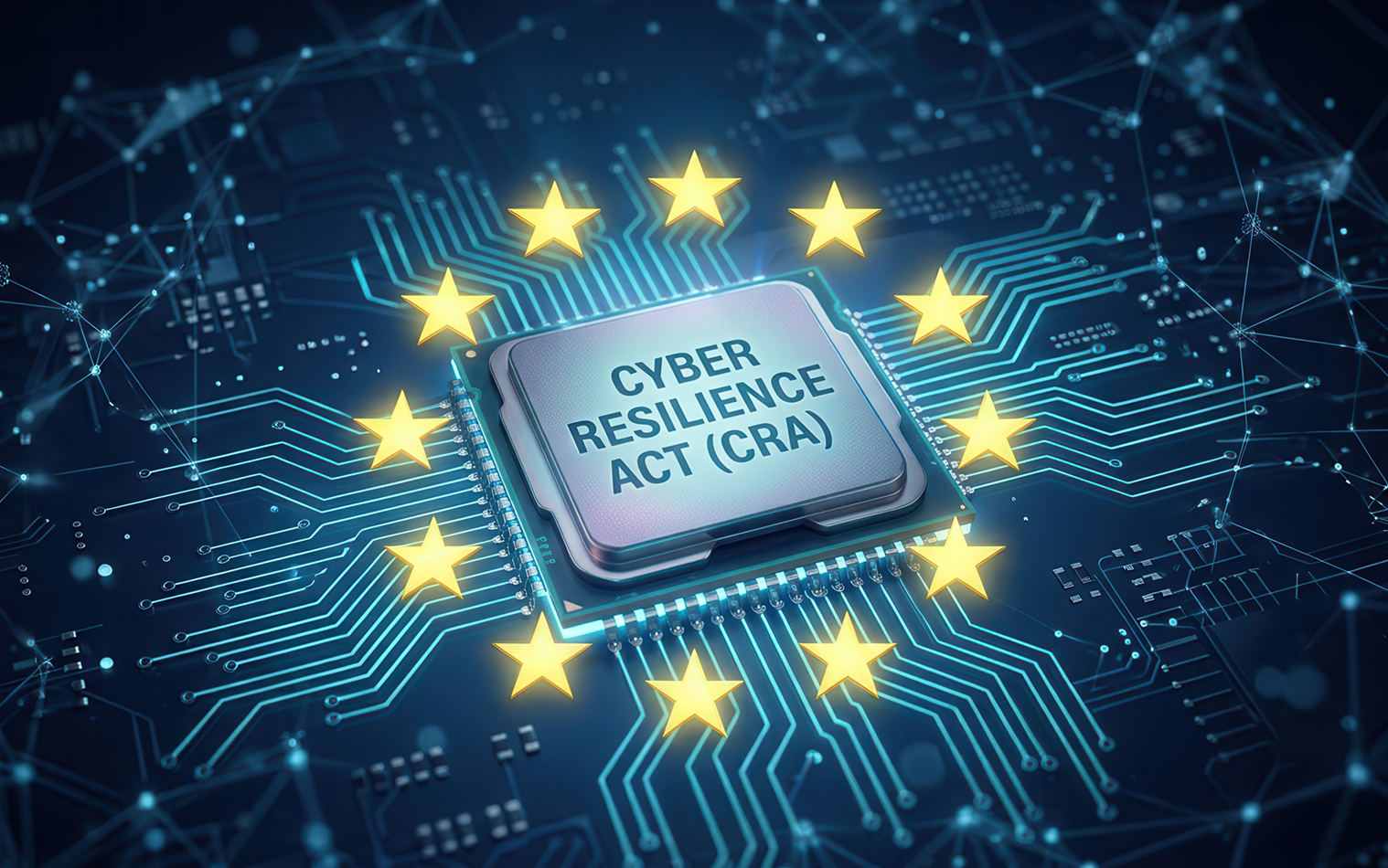 Cyber Resilience Act (CRA) printed on a processor chip surrounded by gold stars