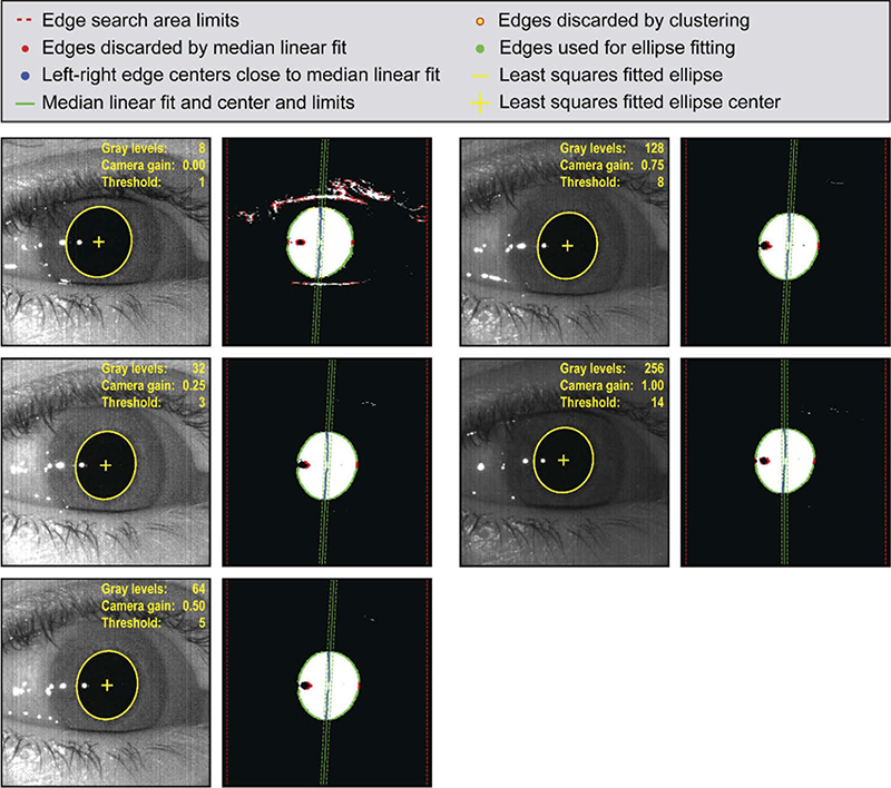 Raw pupil images (linear intensity scale) captured on the same subject using different camera gains and the corresponding binary images after thresholding. The annotations show the edges identified for ellipse fitting (green), and those discarded by the median linear fit (red) and the clustering (yellow) (Courtesy of Stanford University).