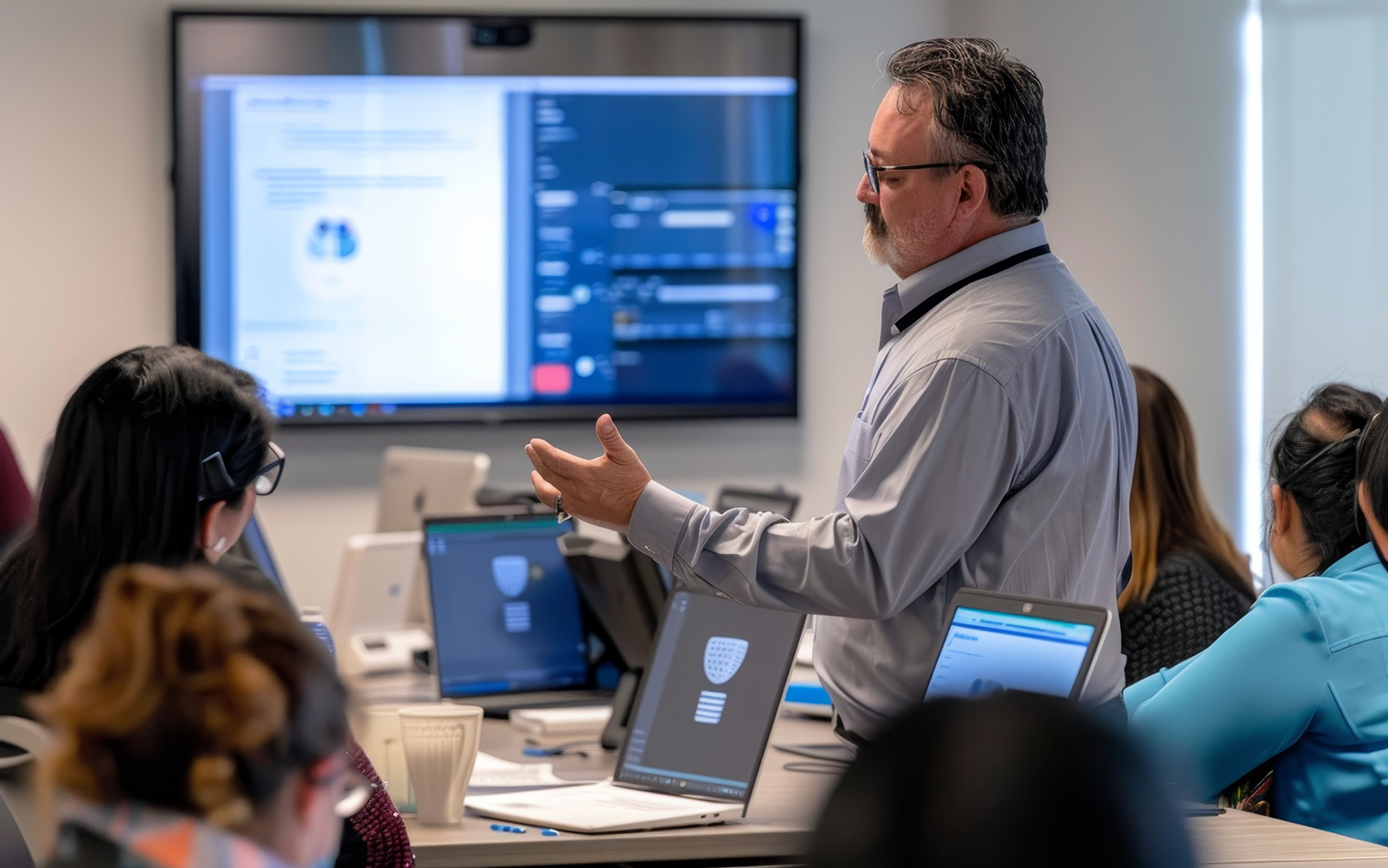A cybersecurity specialist in a classroom training employees on cybersecurity awareness.