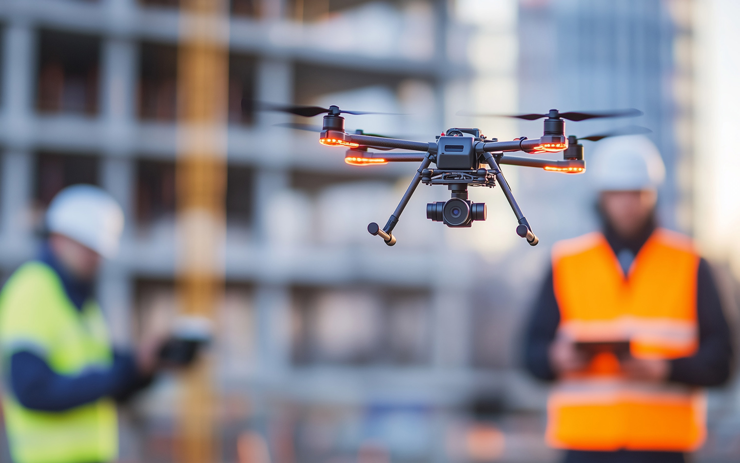 A drone is hovering over a construction site with two engineers in the background wearing safety vests, monitoring the process.