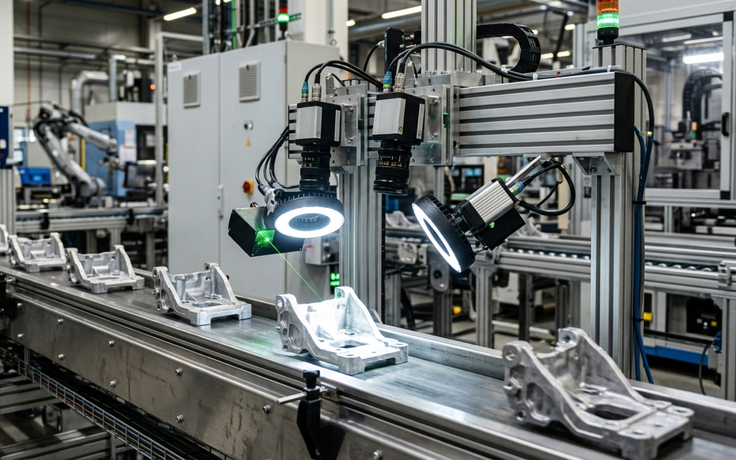 Automated vision inspection system monitoring metal parts production on an industrial conveyor.
