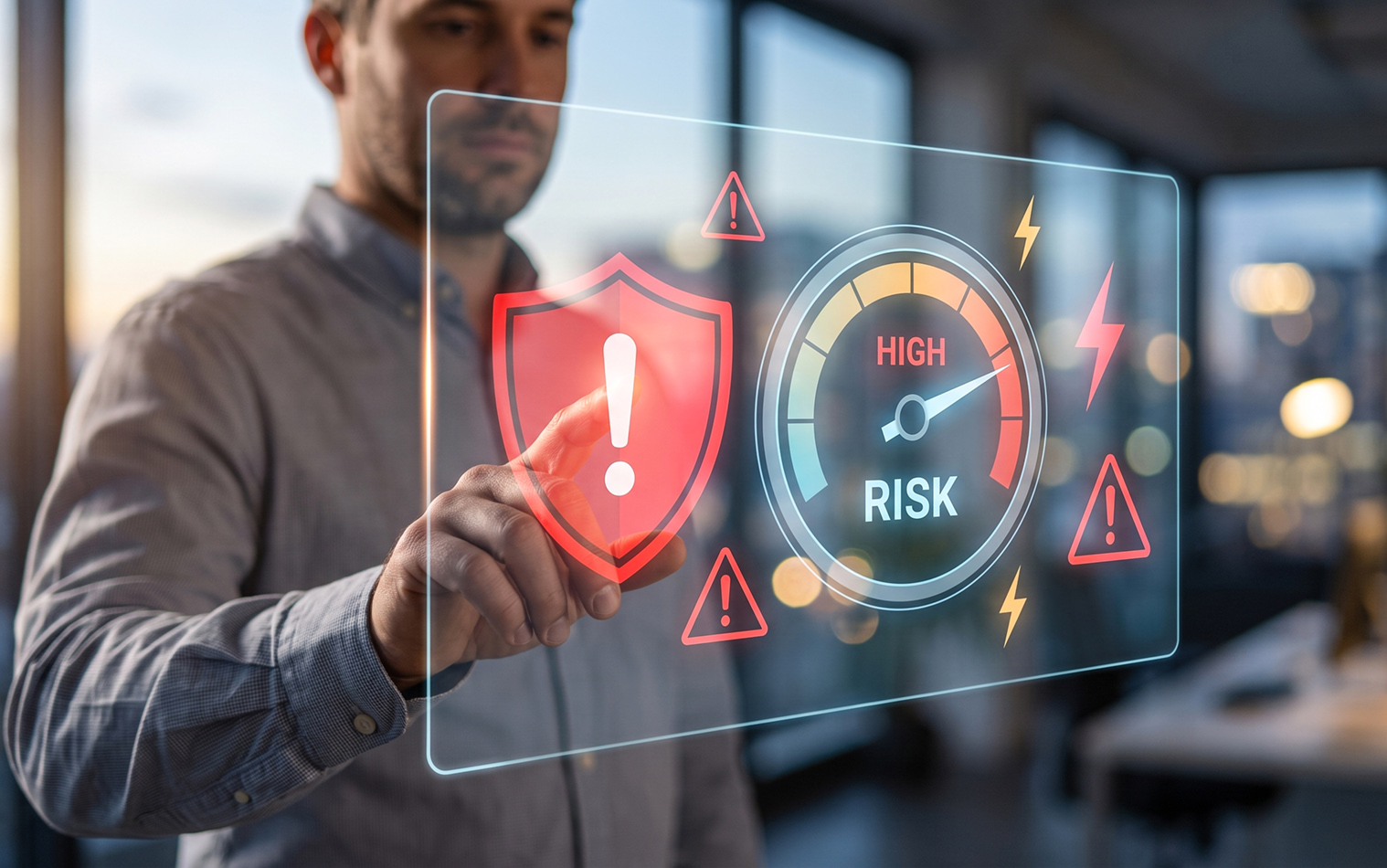 Businessman touching a virtual transparent screen with a high-risk gauge and a glowing warning shield.