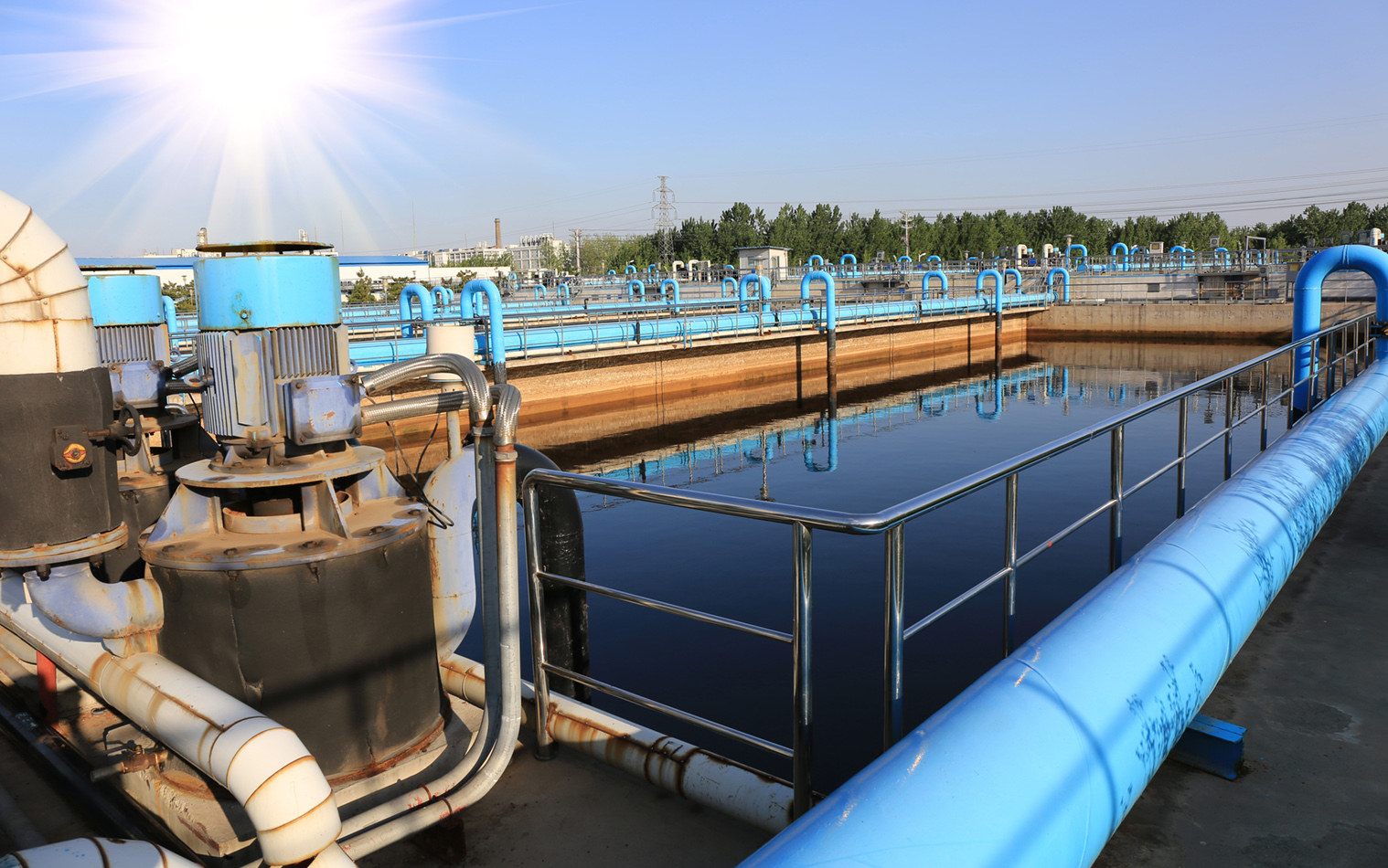 Close up of a retaining pool in a modern urban wastewater treatment plant.