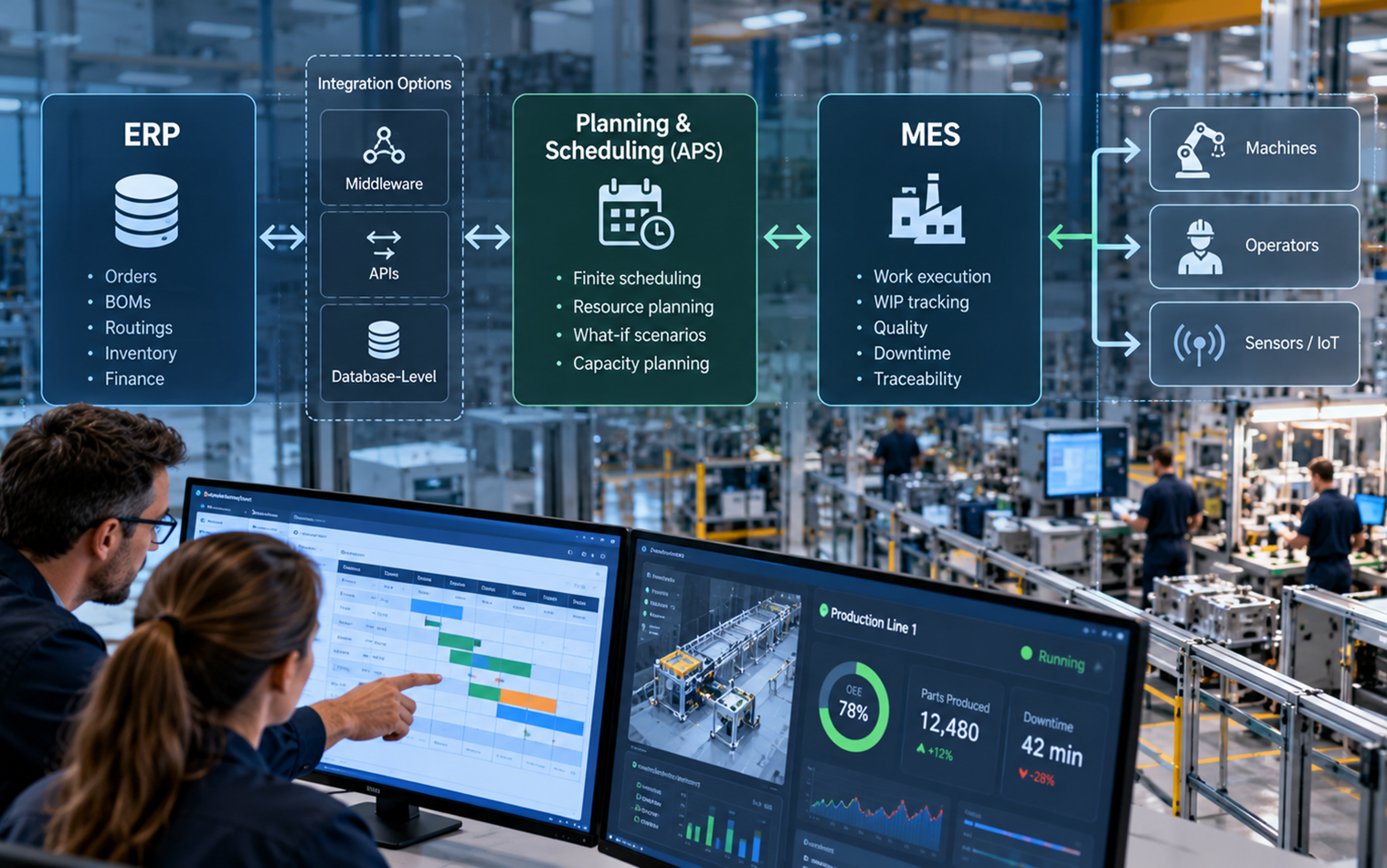 Two technicians reviewing screens in a control center over a manufacturing floor with an overlay of an ERP to MES process diagram.