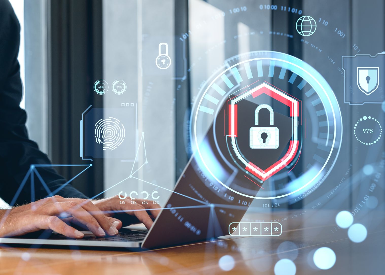 Illustration of hands on a laptop keyboard with cybersecurity symbols 