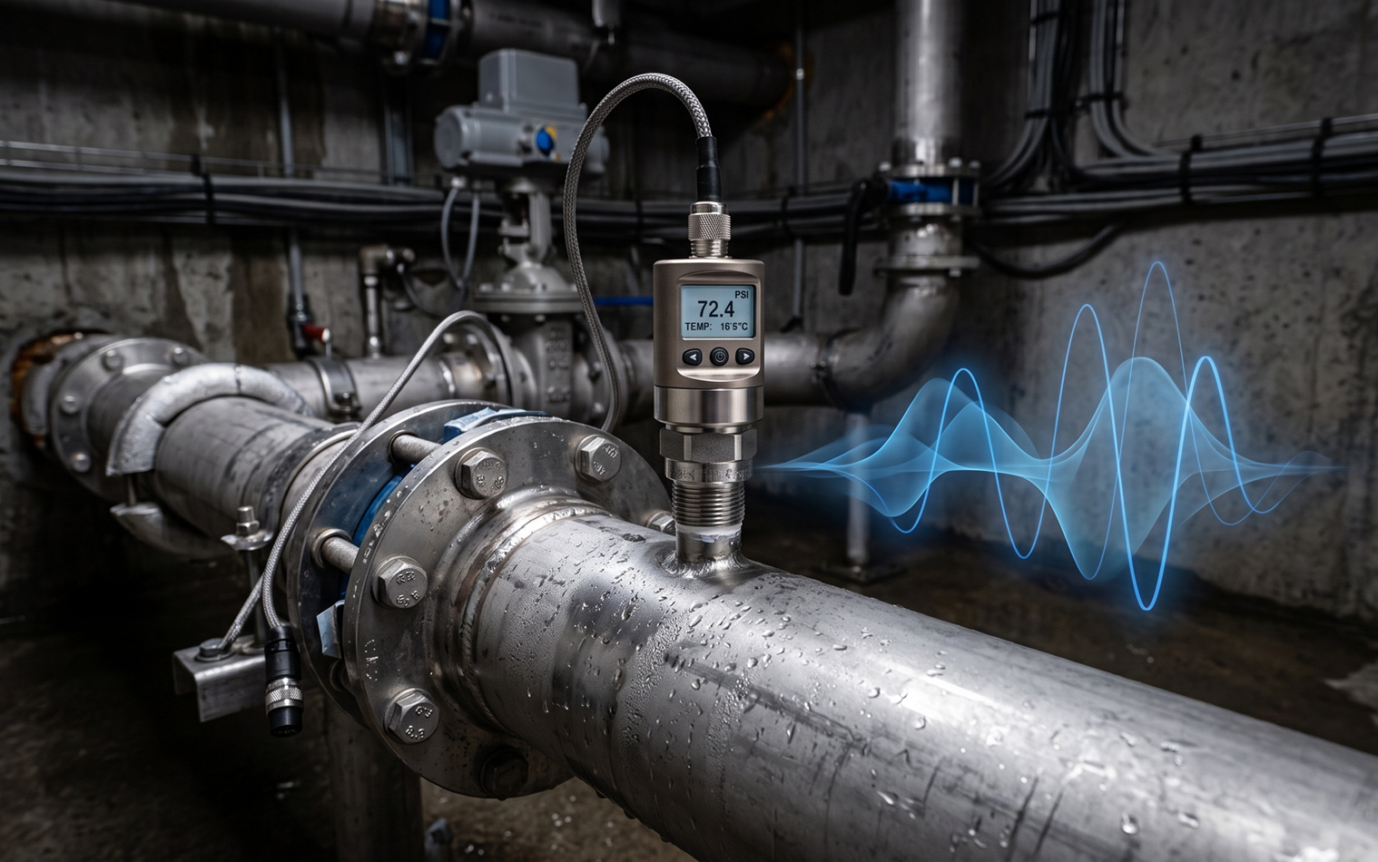 Industrial ultrasonic flow meter on metal pipe with digital acoustic wave sensor, waves shown in blue
